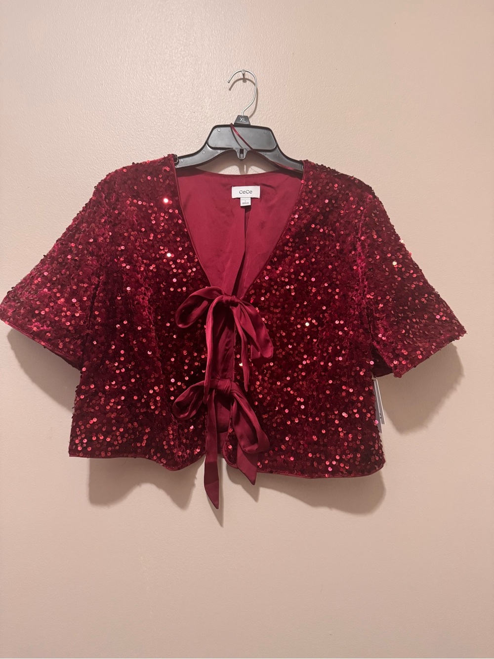 CeCe Wine Velvet Sequin Tie-Front Short Sleeve Cropped Shrug Jacket